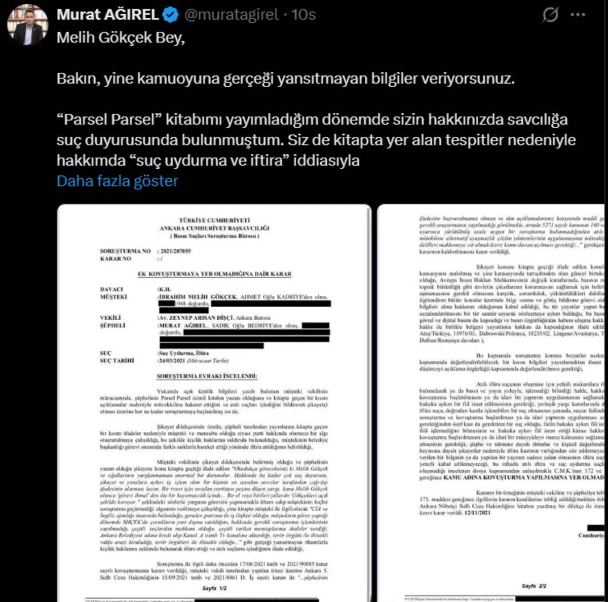 Ağırel den Melih Gökçek e: