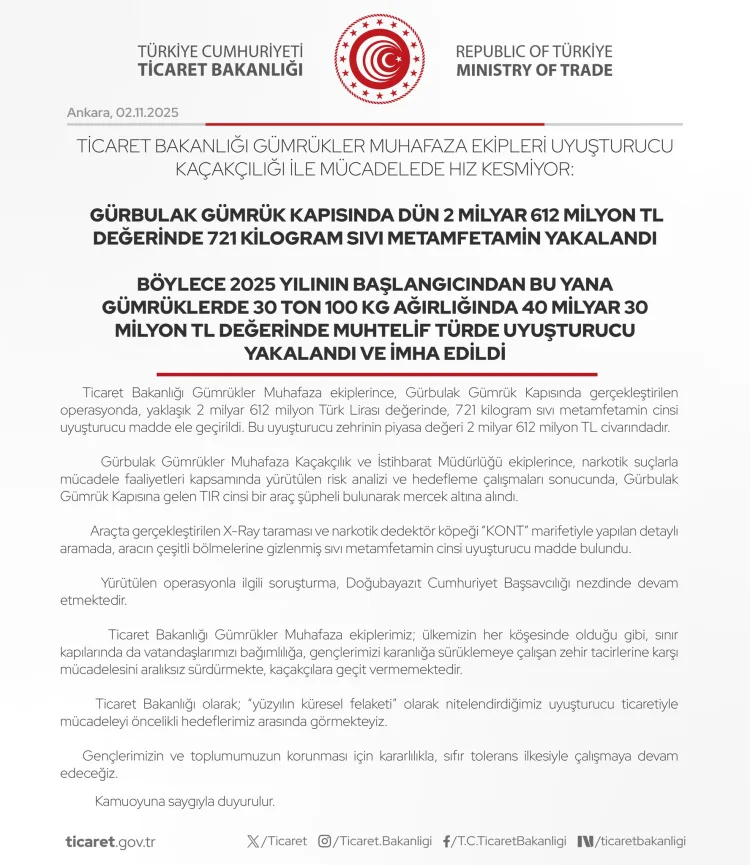 Gürbulak’ta 721 kg Sıvı Metamfetamin Ele Geçirildi