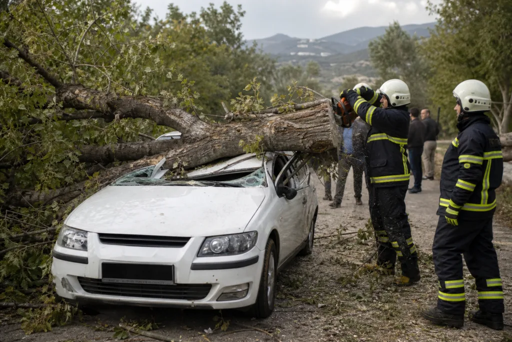 Hatay’da Fırtına, Park Halindeki Araca Ağaç Düşürdü