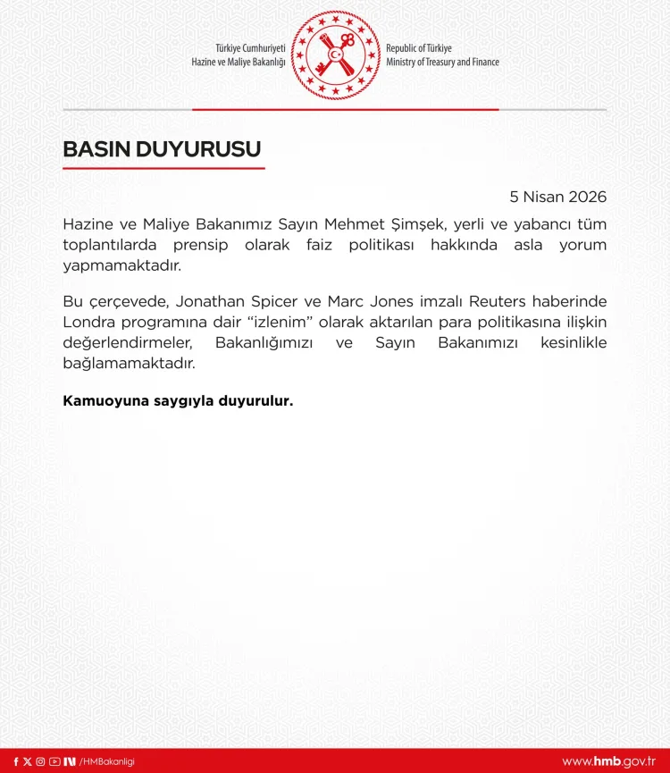 Hazine Bakanlığı’ndan Reuters’a Faiz Yanıtı