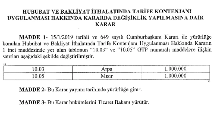 Hububat İthalatında Tarife Kontenjanı Artırıldı