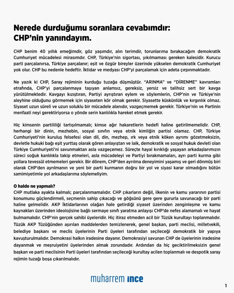 İnce’den CHP İçin Acil Tüzük Kurultayı Çağrısı