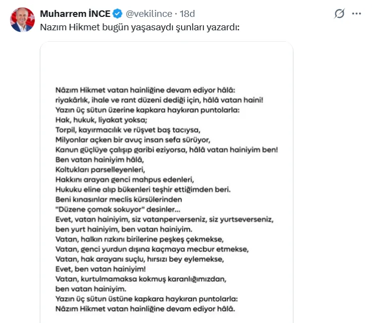 İnce’den Nâzım Hikmet’le Adalet Eleştirisi!