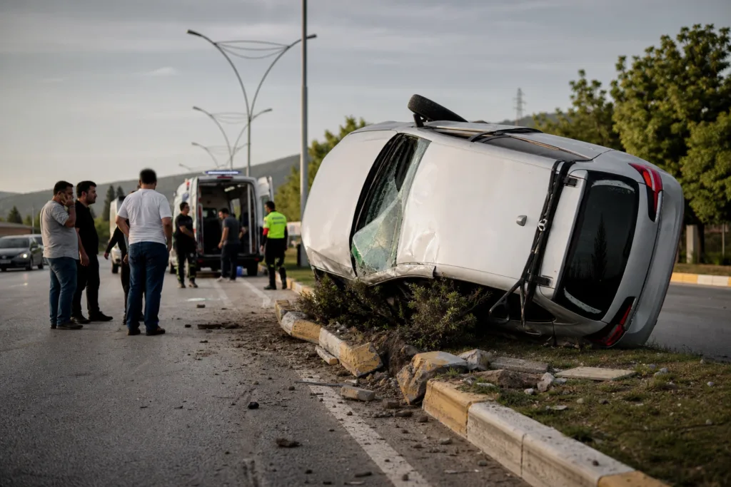 İnegöl’de Trafik Kazası: Otomobil Devrildi, Sürücü Yaralandı