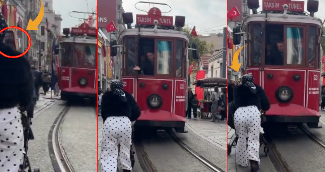 İstanbul'da tramvayın önüne bebek arabası süren kadın dikkat çekti