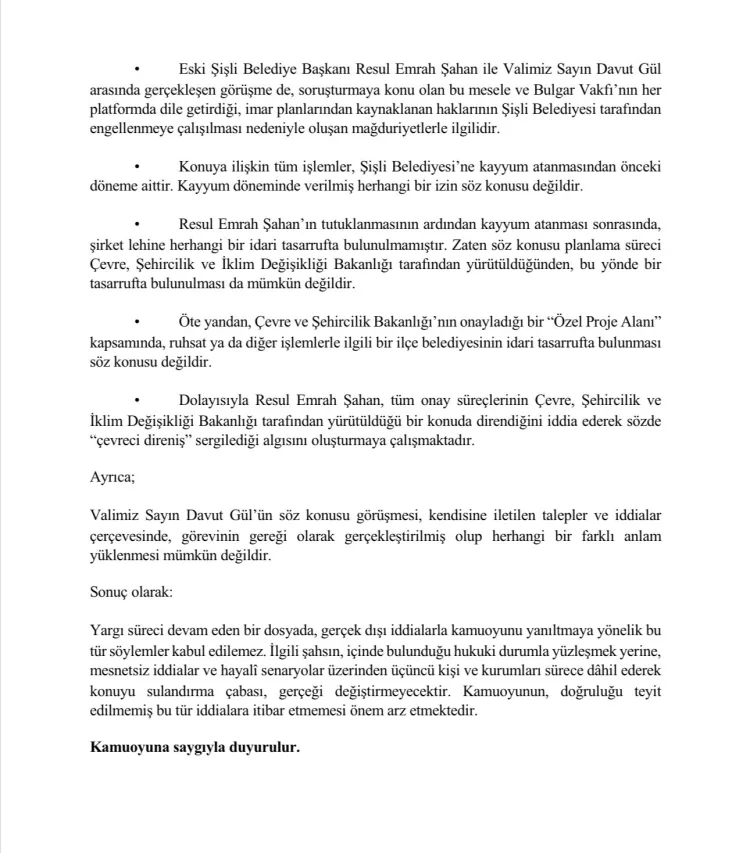 İstanbul Valiliği’nden Şahan İddialarına Yanıt!