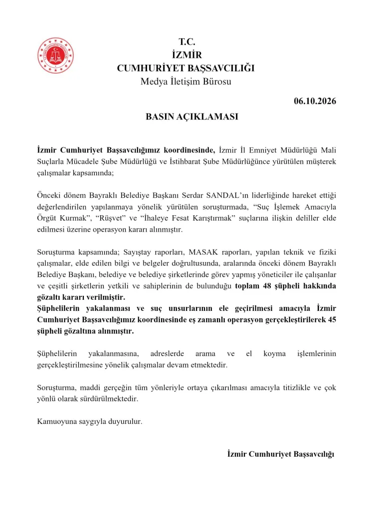 İzmir’de Bayraklı Belediyesi’ne Operasyon: 45 Gözaltı