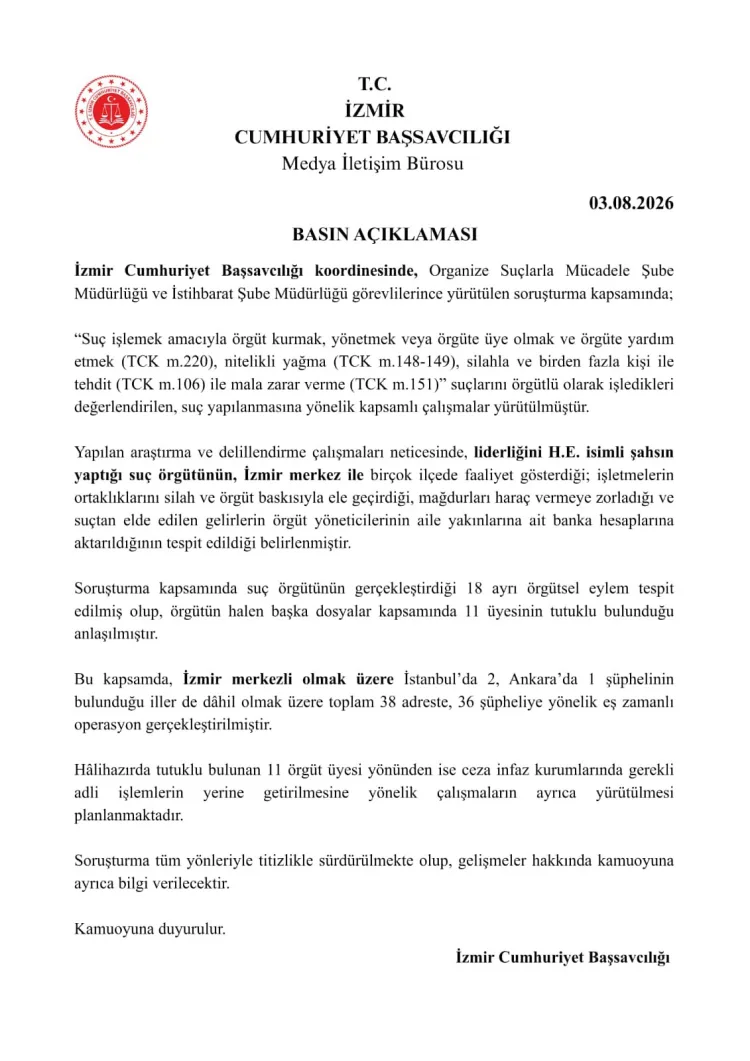 İzmir’de Suç Örgütüne Şok Baskın: 38 Adres