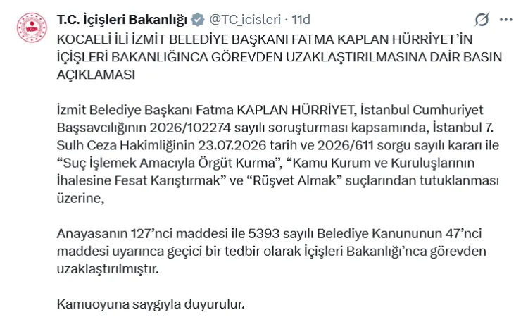 İzmit Belediye Başkanı Hürriyet Görevden Uzaklaştırıldı
