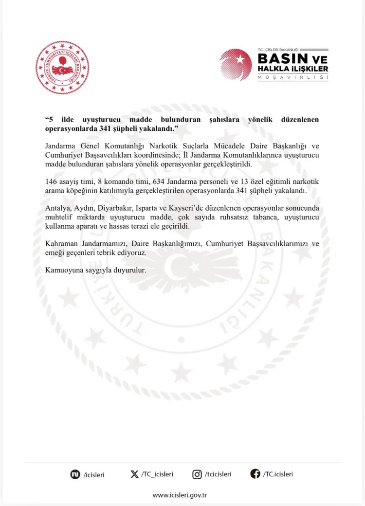 Jandarma’dan Uyuşturucu Operasyonu: 341 Gözaltı