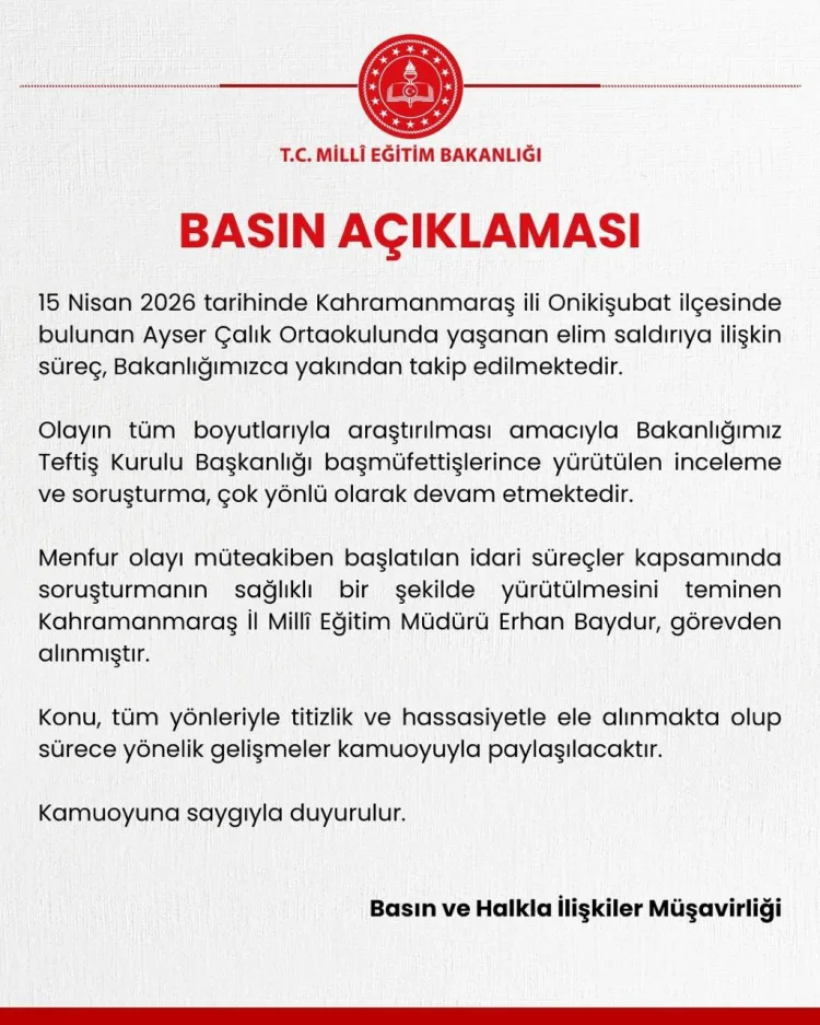 Kahramanmaraş’taki Okul Saldırısında Müdür Görevden Alındı