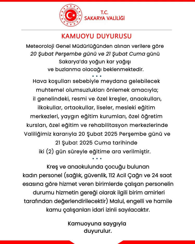 Sakarya ve Bilecik'teki kar yağışı nedeniyle eğitime ara verilmesi