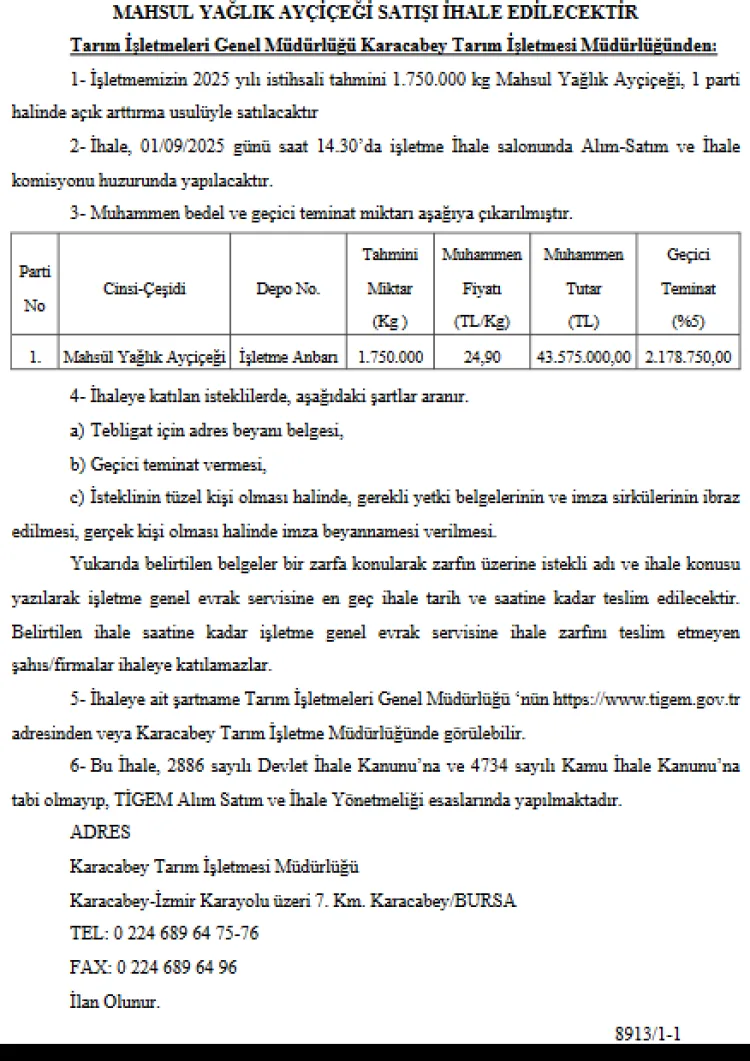 Karacabey’de 1,75 Milyon Kg Ayçiçeği İhalesi!