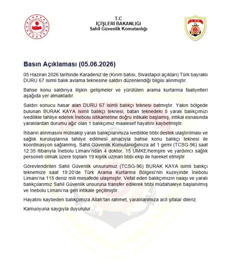 Karadeniz’de Türk Teknesine Saldırı: 1 Ölü, 5 Yaralı