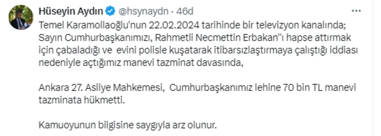 Karamollaoğlu’na Hükmedildi: 70 Bin TL Tazminat