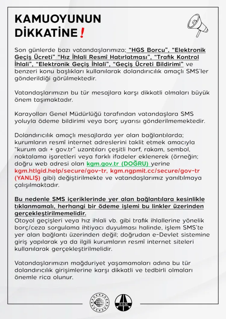 KGM’den Sahte SMS Uyarısı: Dikkat Edin!