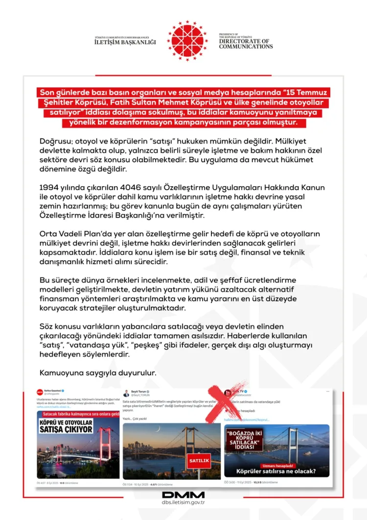 Köprü ve Otoyol İddiaları Yalanlandı!
