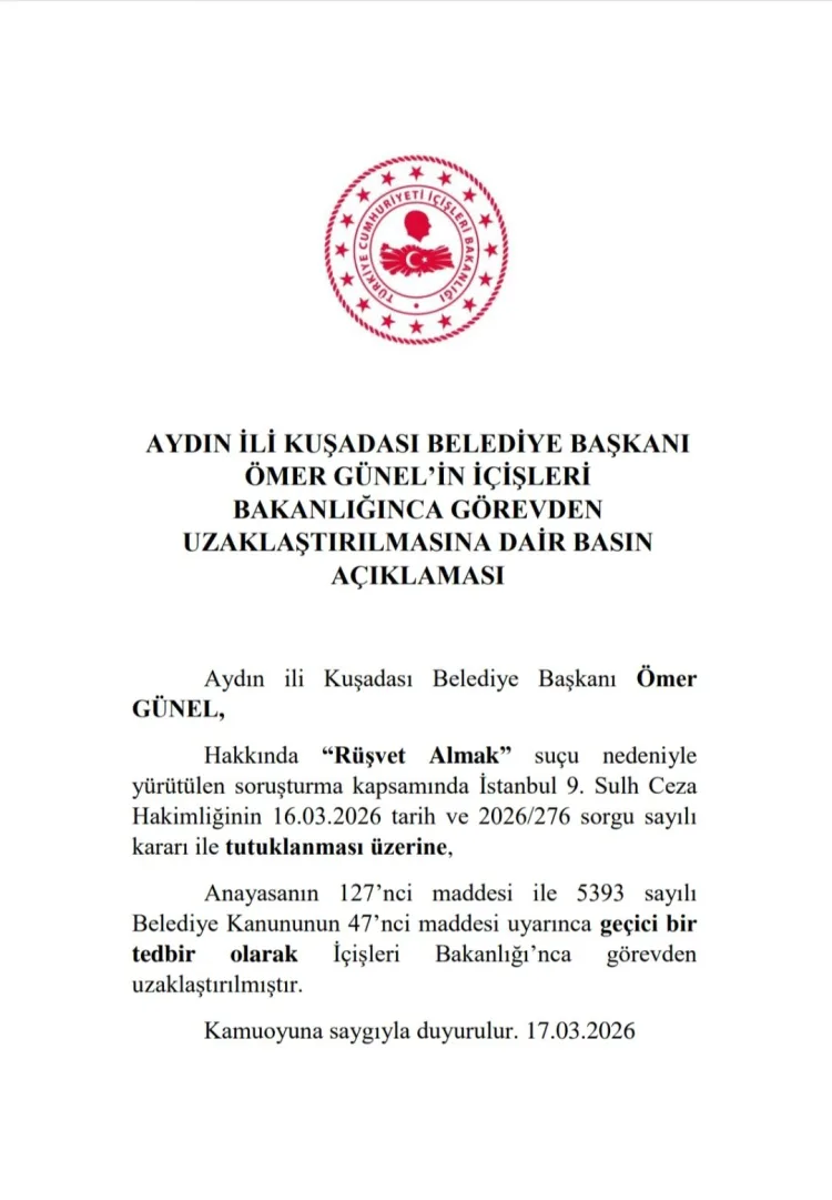 Kuşadası Belediye Başkanı Rüşvetle Görevden Uzaklaştırıldı