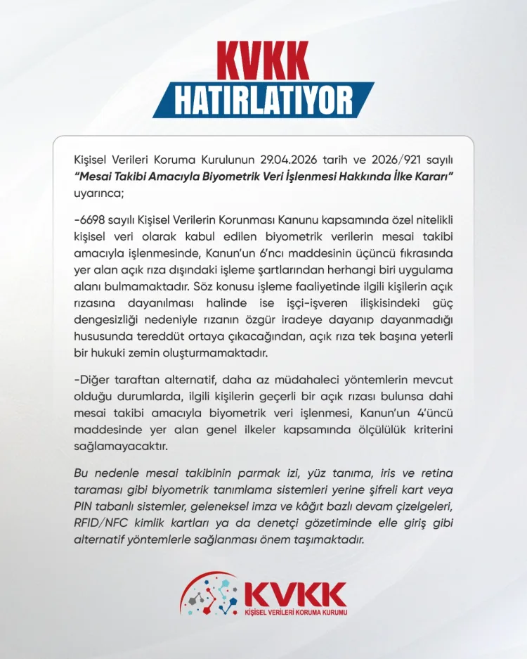 KVKK’dan Biyometrik Verilere Mesai Uyarısı!