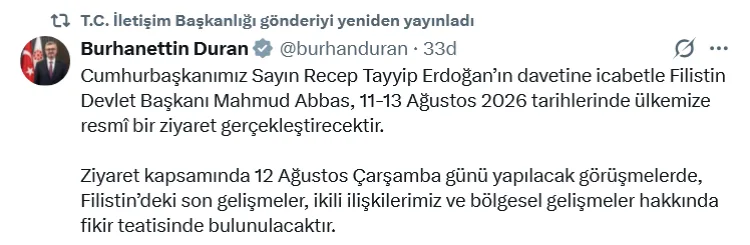 Mahmud Abbas Türkiye’ye Resmi Ziyaret Gerçekleştiriyor