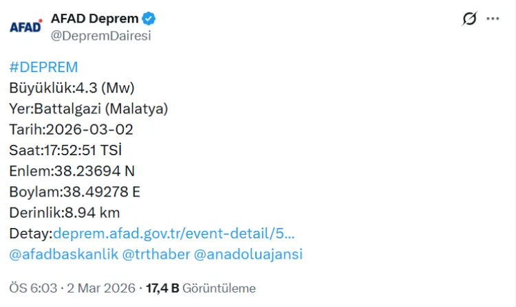 Malatya’da 4,3 Büyüklüğünde Deprem Meydana Geldi