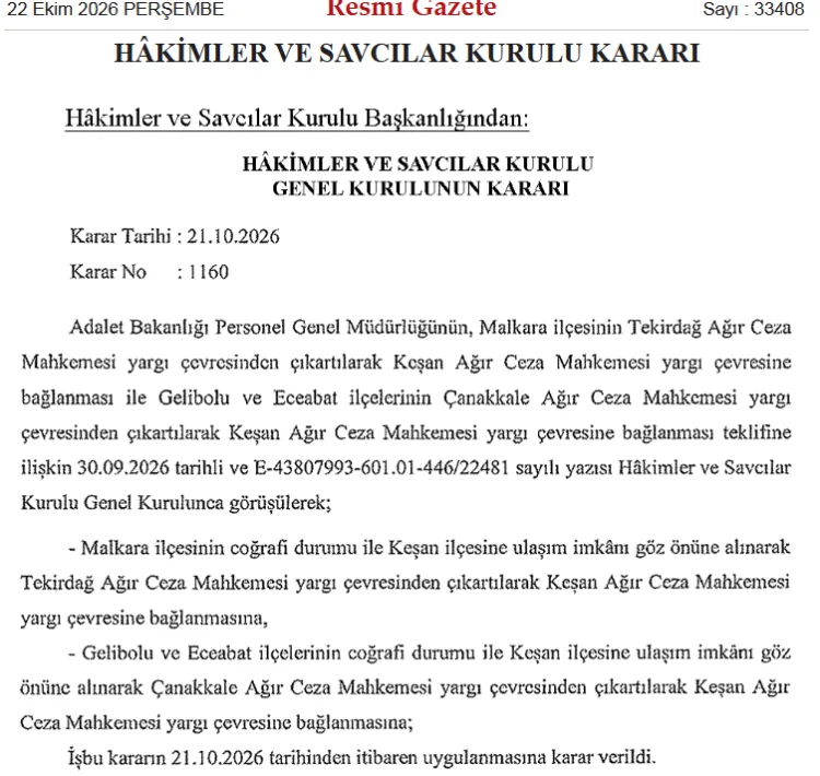 Malkara, Gelibolu ve Eceabat’ın Ağır Ceza Mahkemesi Bağlantısı Değişti