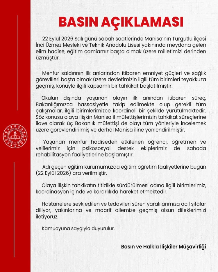 Manisa’da Okul Yakınında Silahlı Saldırı: MEB Açıklama Yaptı