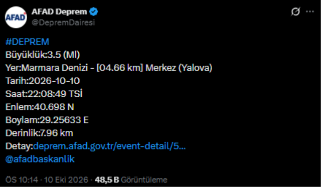 Marmara Denizi'nde 3.5 büyüklüğünde deprem! <a class='keyword-sd' href='/istanbul/' title='İstanbul'>İstanbul</a>'da da hissedildi