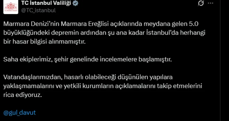 Marmara Denizi’nde 5.0 Büyüklüğünde Deprem!