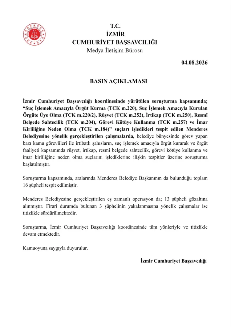 Menderes Belediyesi’nde Rüşvet Operasyonu: 13 Gözaltı!