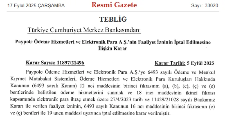 Merkez Bankası’ndan İki Şirkete İzin İptali