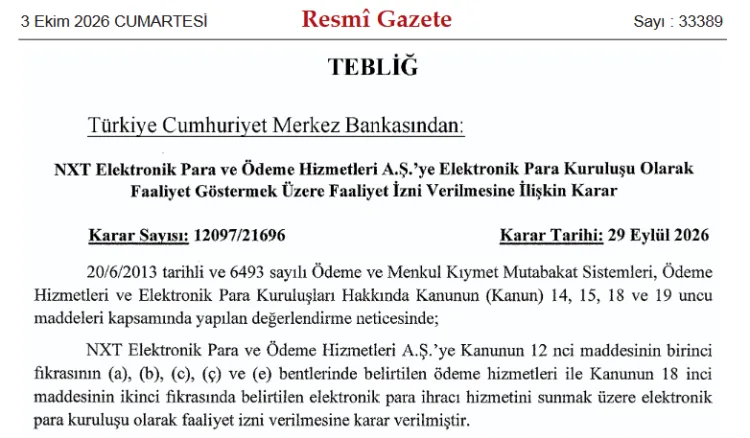 Merkez Bankası’ndan NXT’ye Elektronik Para İzni