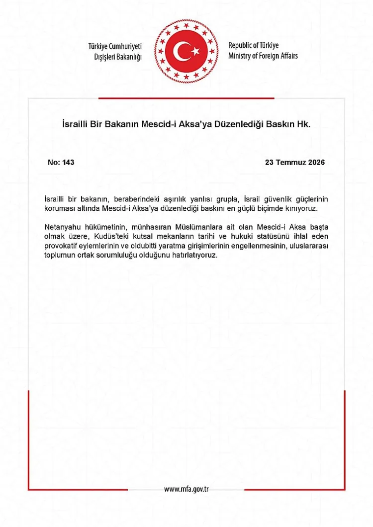 Mescid-i Aksa’ya Baskın, Dışişleri’nden Kınama