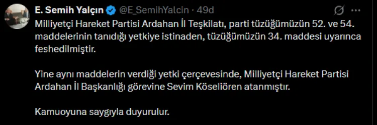 MHP Ardahan İl Başkanlığı’na Sevim Köseliören Atandı