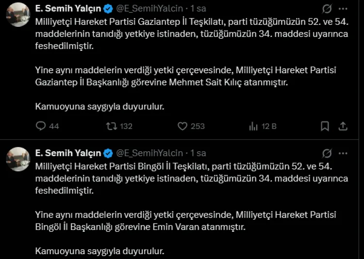 MHP’de Fesih: Bingöl ve Gaziantep Yenilendi!