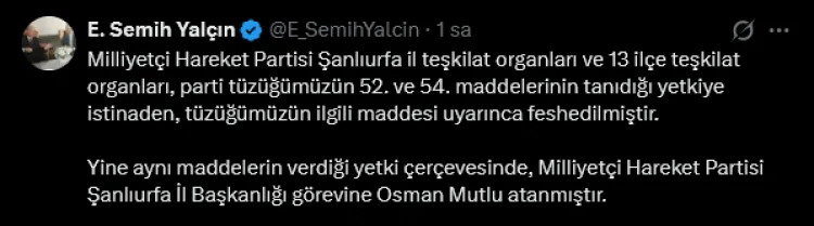 MHP’de Şanlıurfa Teşkilatlarında Fesih Kararı!