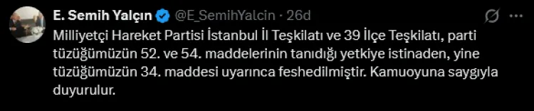 MHP İstanbul İl Teşkilatı Feshedildi!