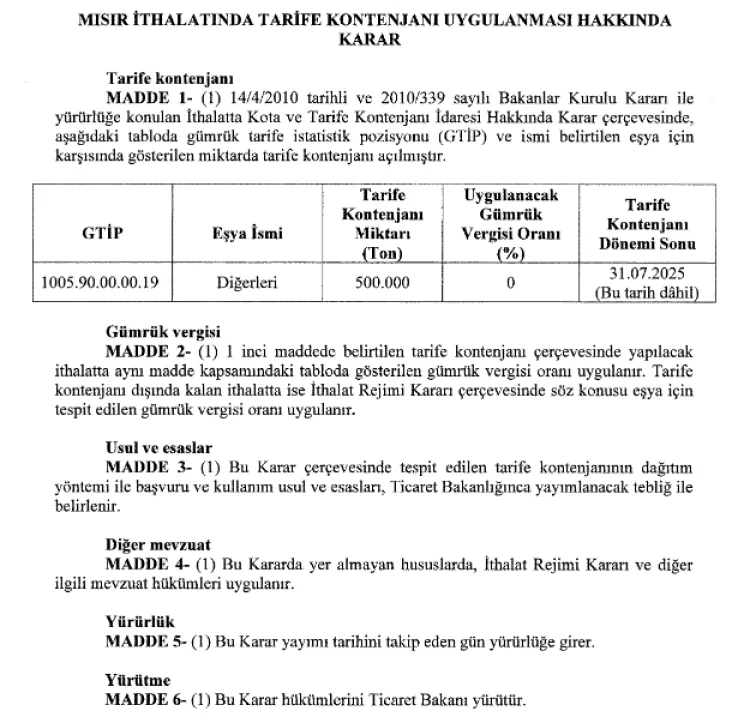 Mısır İthalatında Gümrük Vergisi Yüzde 0!