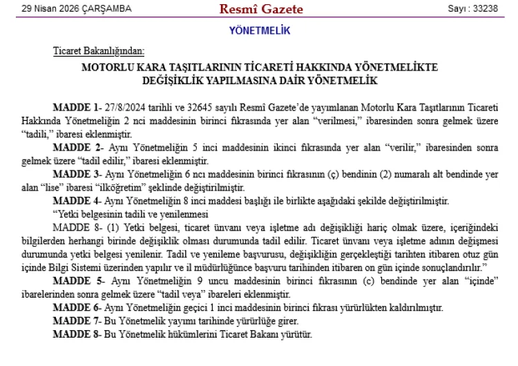 Motorlu Taşıt Ticaretinde Önemli Düzenleme!