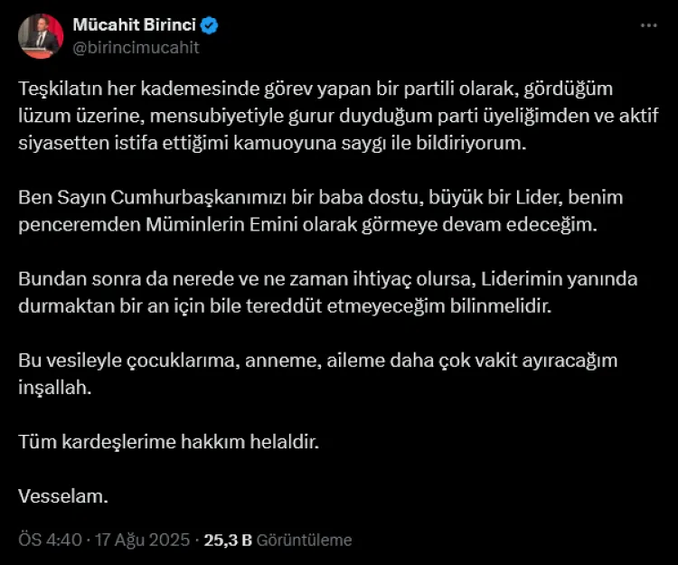Mücahit Birinci Aktif Siyasetten İstifa Etti!