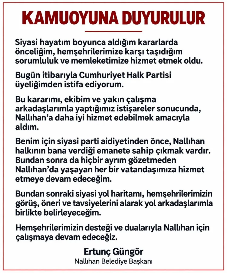 Nallıhan Belediye Başkanı Güngör CHP’den İstifa Etti!