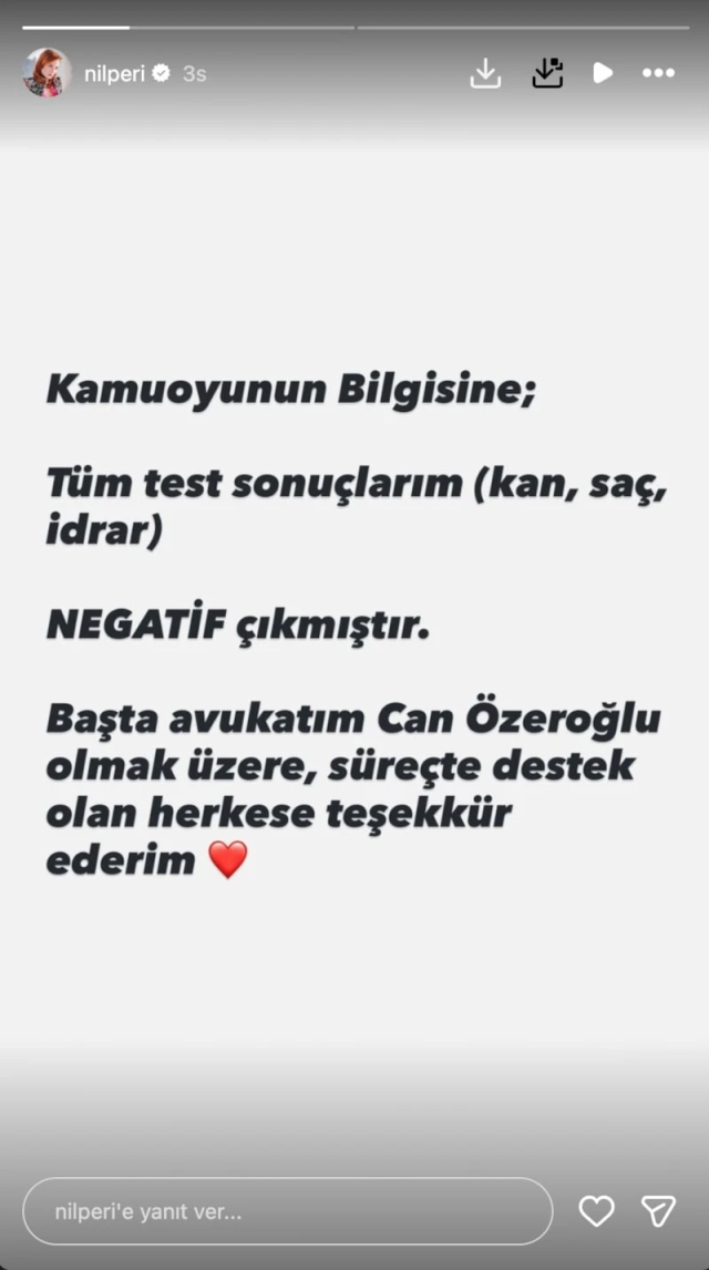 Nilperi Şahinkaya’nın uyuşturucu test sonuçları negatif çıktı