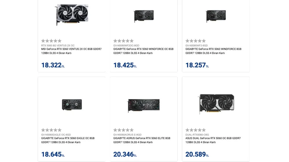 Nvidia RTX 5060 ekran kartı Türkiye’de 18 bin TL’den satışa sunuldu.