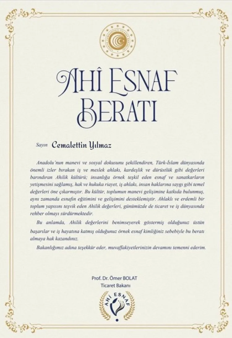 Örnek Esnaf Cemalettin Yılmaz’a Ahi Beratı!