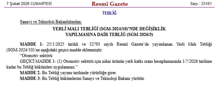 Otomotivde Yerli Katkı Hesaplaması 2026’ya Ertelendi