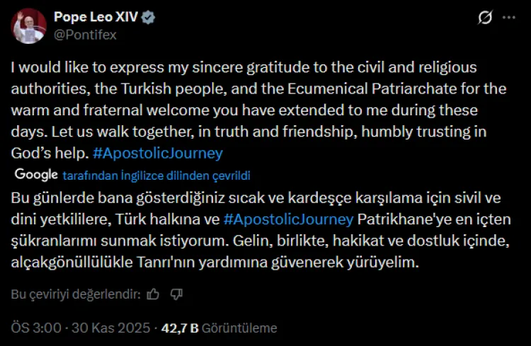 Papa XIV. Leo Türkiye’den Lübnan’a hareket etti!