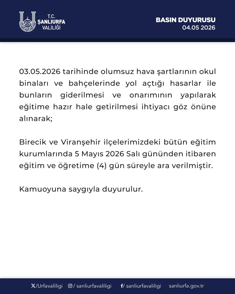 Şanlıurfa’da Olumsuz Hava Nedeniyle Eğitime Ara!