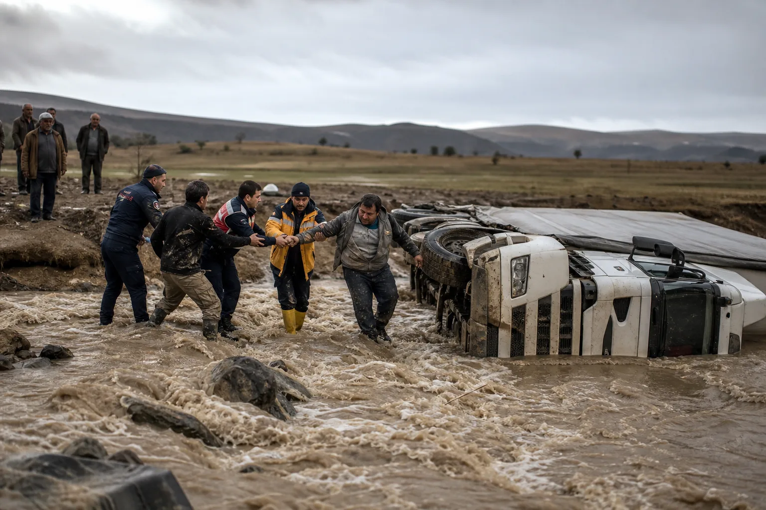 Şefaatli’de Sel Olumsuzluk Yarattı, Tır Yan Yattı