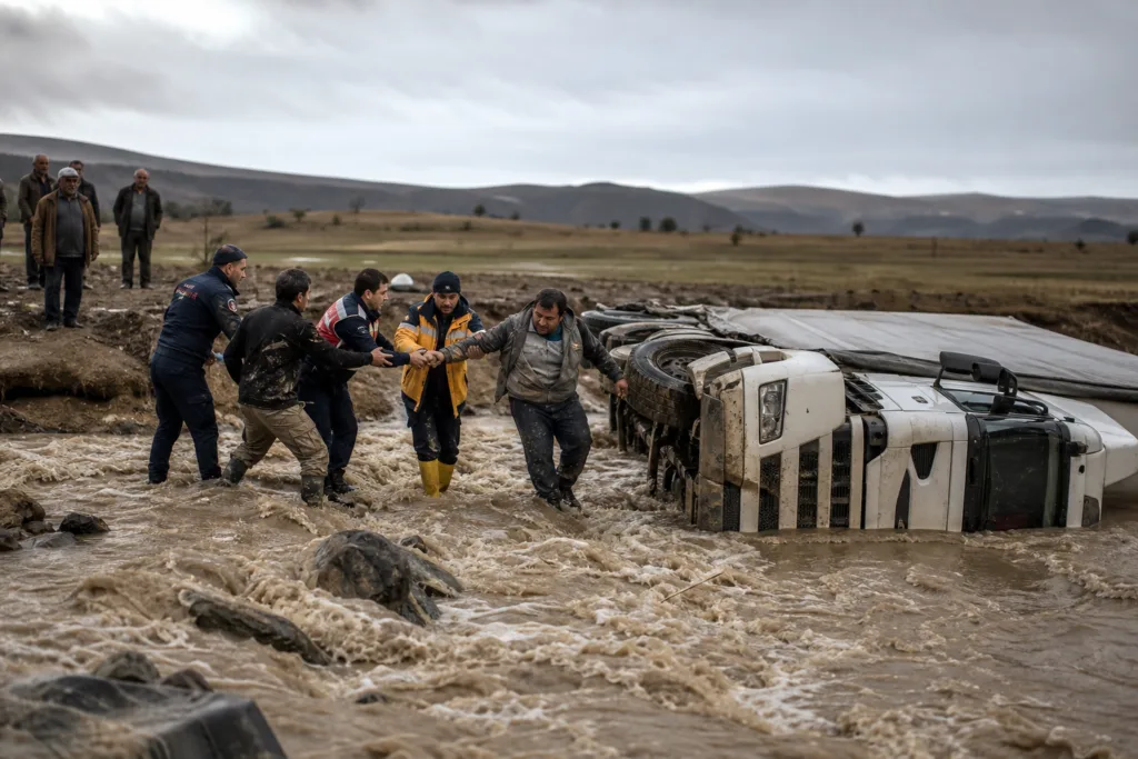 Şefaatli’de Sel Olumsuzluk Yarattı, Tır Yan Yattı