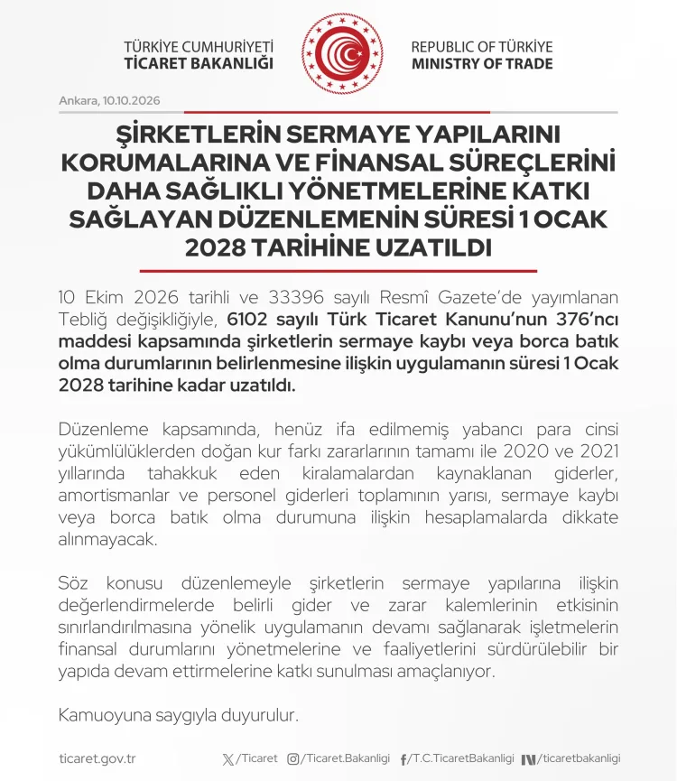 Sermaye Kaybı Hesaplamaları 2028’e Kadar Uzatıldı